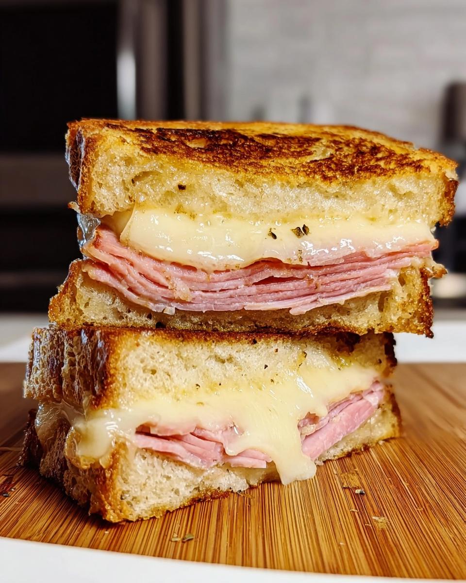 Close-up of a stacked ham and cheese sandwich with melted cheese oozing out, perfect for sandwich ideas recipes.