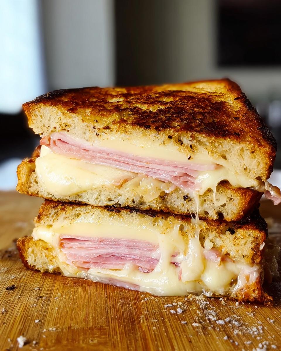 Close-up of a stacked ham and cheese sandwich with melted cheese oozing out, perfect for sandwich ideas recipes.