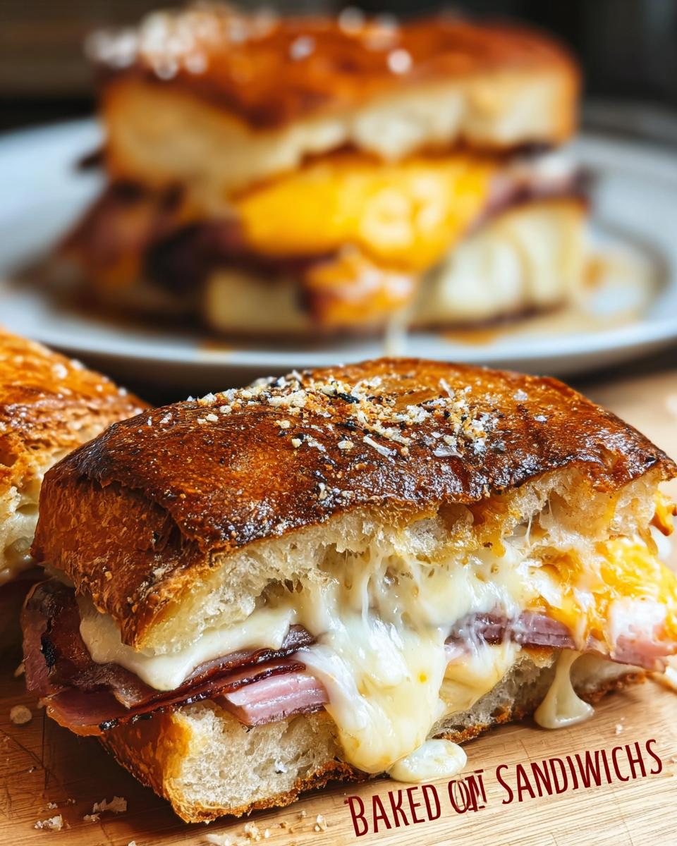 Close-up of a gooey ham and cheese sandwich, a perfect example of sandwich ideas recipes.