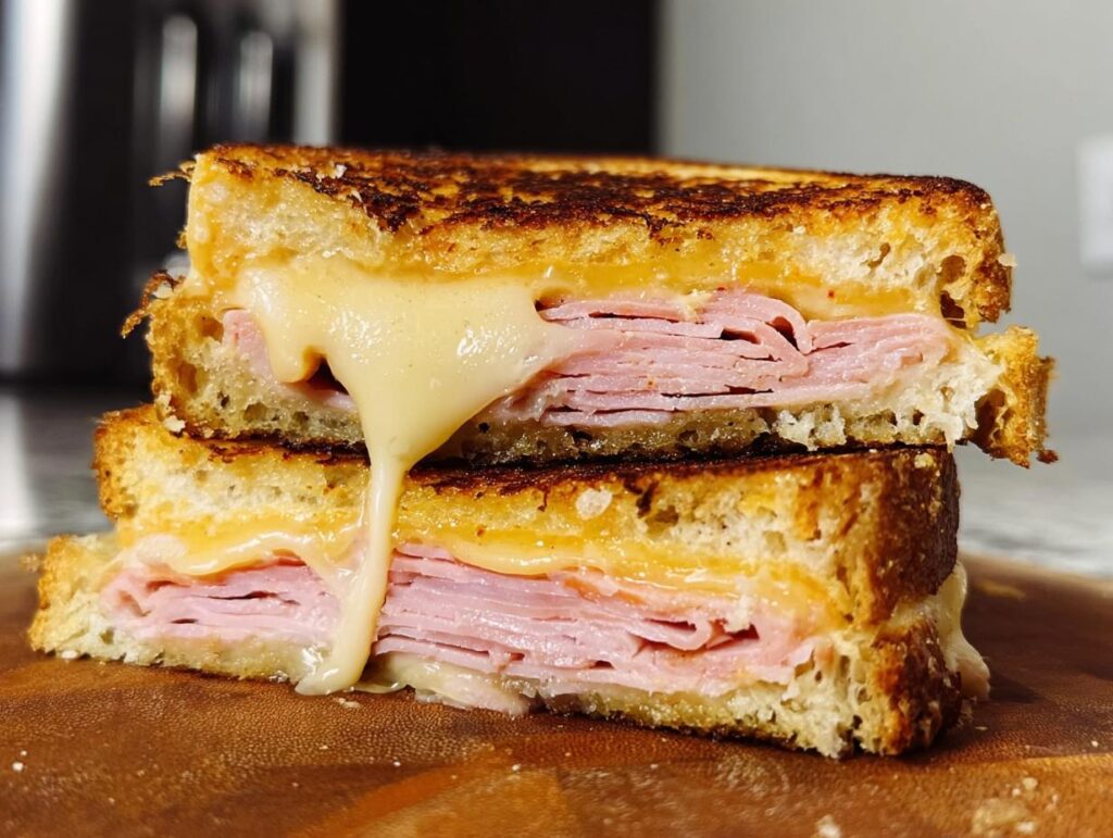 A delicious ham and cheese sandwich with melted cheese oozing out, perfect for sandwich ideas recipes.