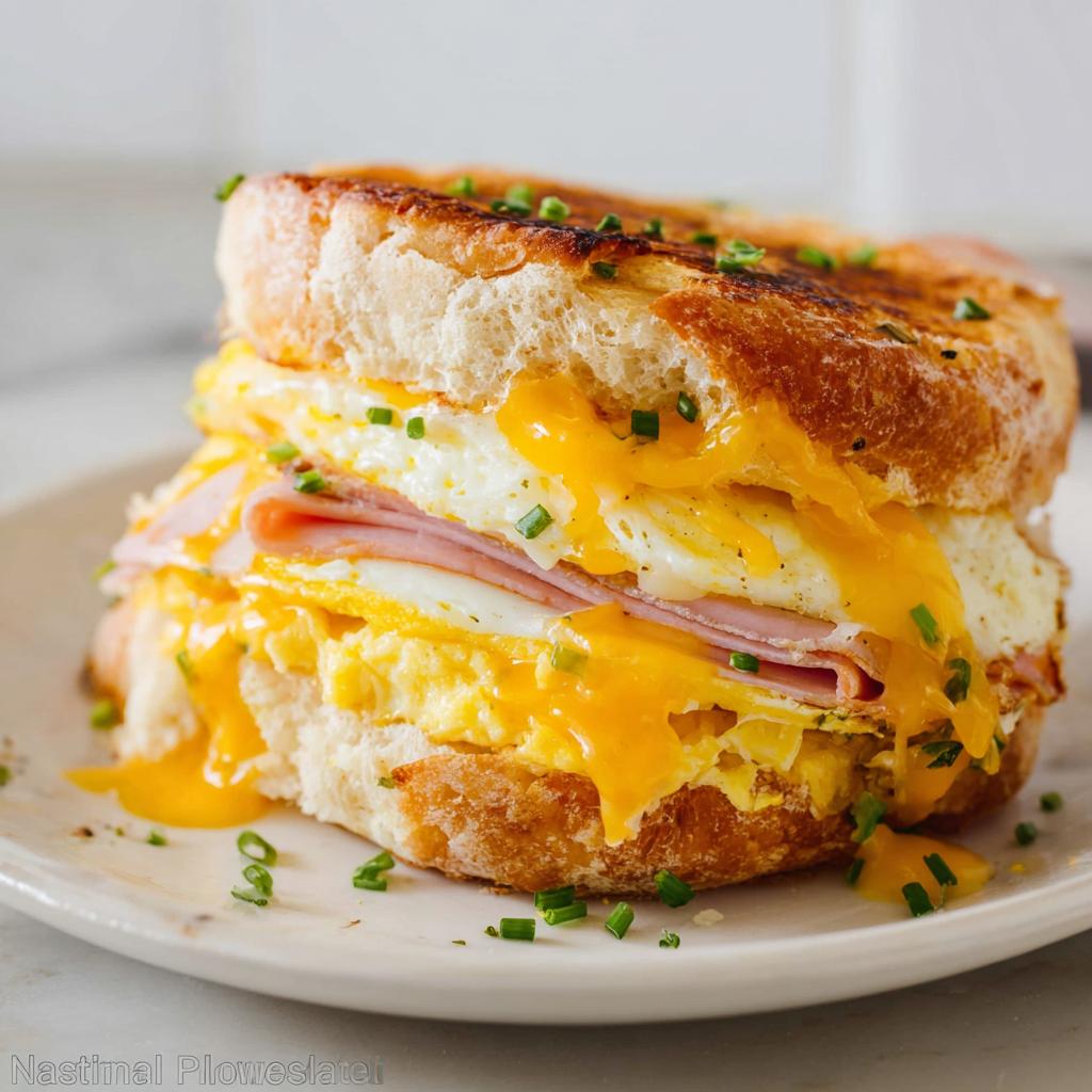 A delicious ham and egg sandwich recipe with melted cheese and chives, perfect for breakfast or lunch.