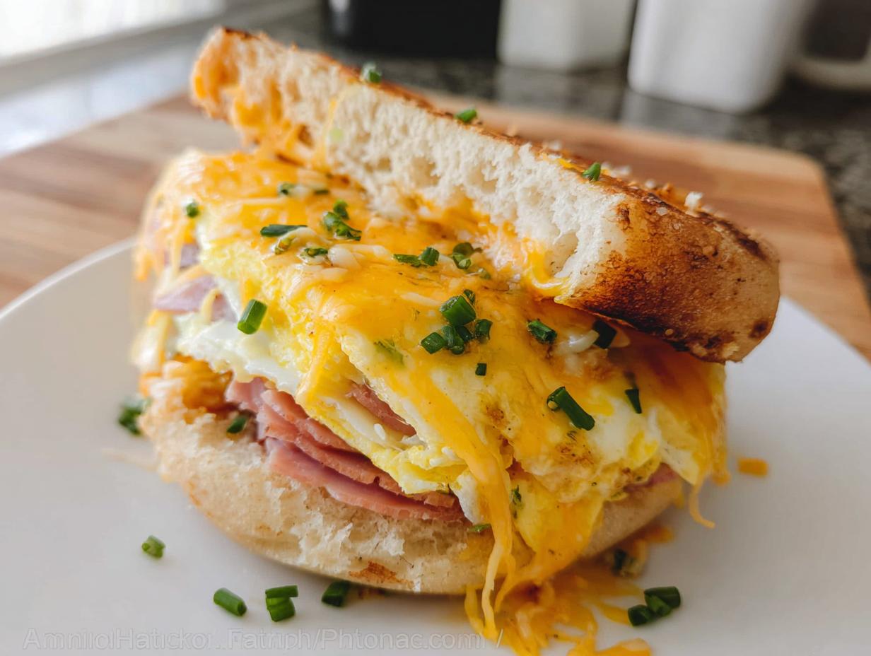 A close-up of a breakfast sandwich with ham, scrambled eggs, melted cheese, and chives on a toasted bun.