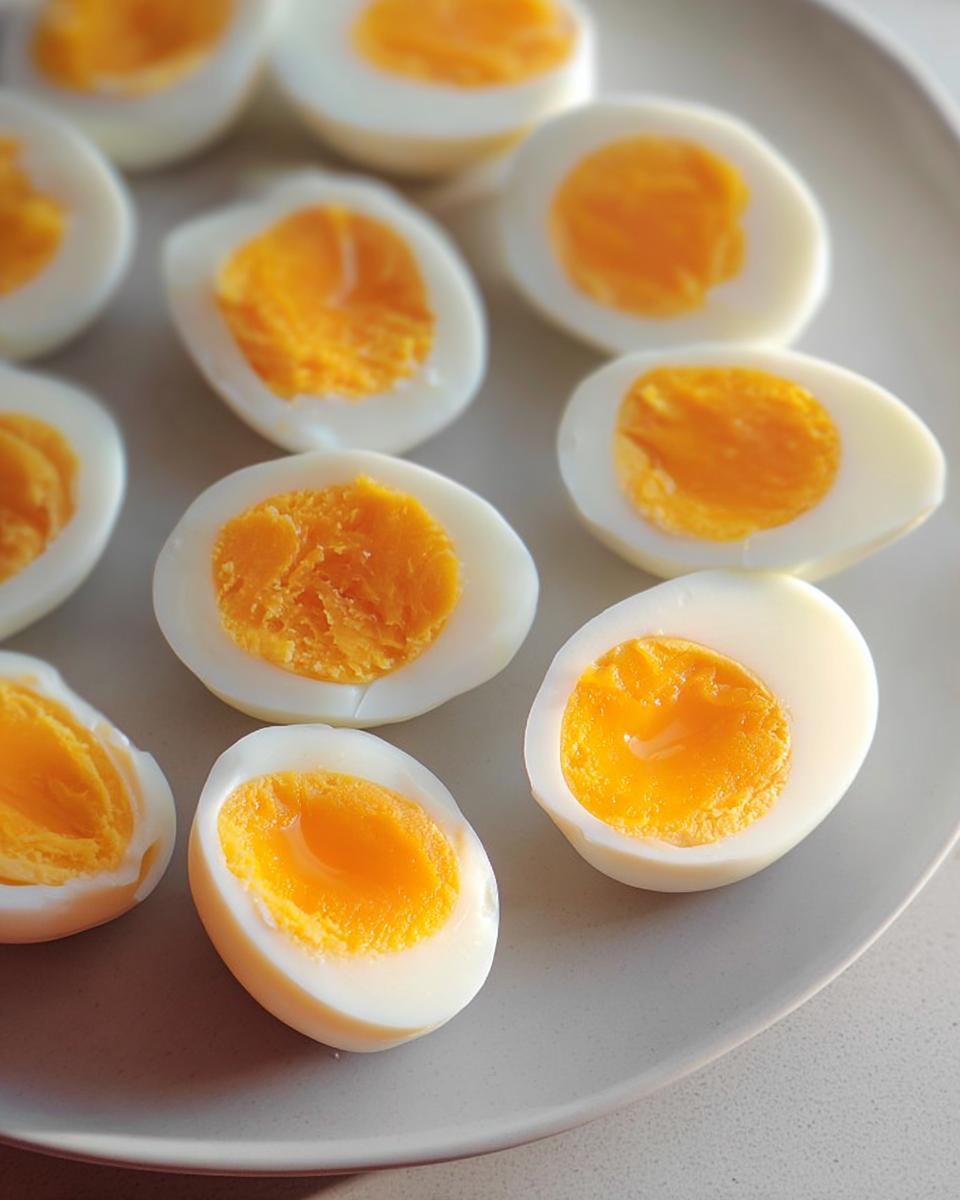 Close-up of perfectly cooked hard-boiled eggs, halved, showcasing bright orange yolks, ideal for healthy meals recipes meal prep.