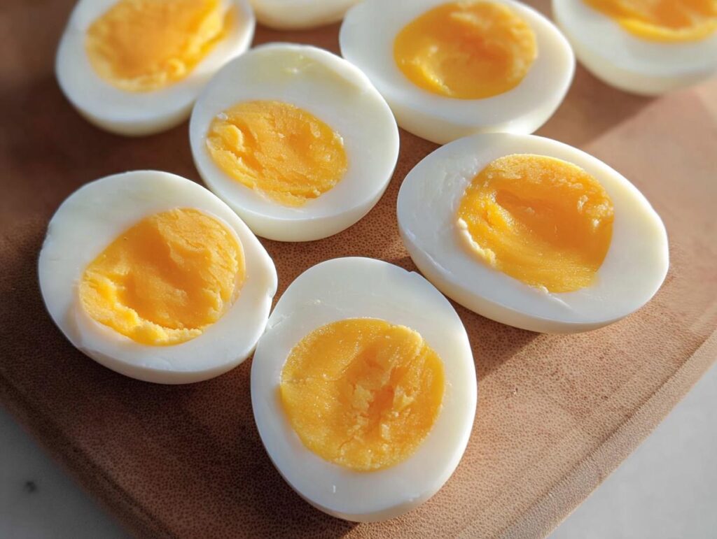 Several hard-boiled eggs, halved, revealing bright yellow yolks, arranged on a wooden board. Perfect for healthy meals recipes meal prep.