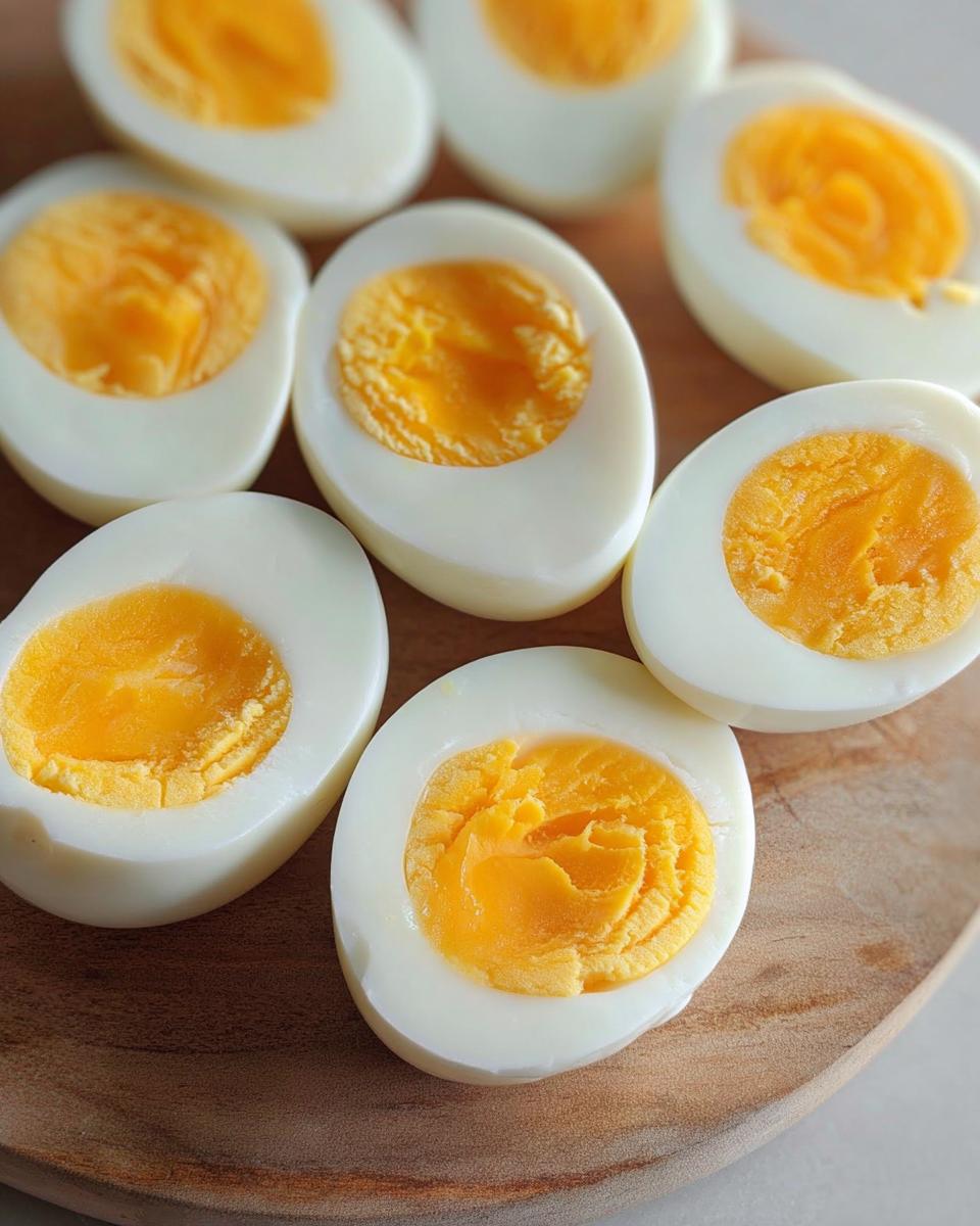Close-up of perfectly cooked hard-boiled eggs, halved, revealing bright yellow yolks, ideal for healthy meals recipes meal prep.