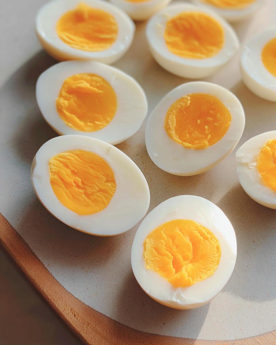 Several hard-boiled eggs, halved, showcasing bright yellow yolks and white centers, perfect for healthy meals recipes meal prep.