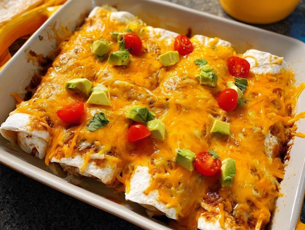 A baking dish filled with cheesy enchiladas topped with diced avocado, cherry tomatoes, and cilantro. Part of 25-Ingredient Healthy Meals Recipes.
