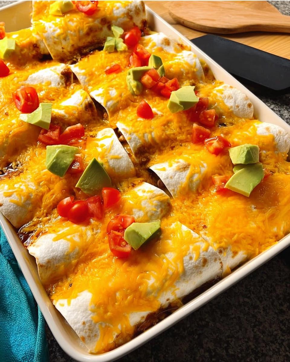 A baking dish filled with cheesy enchiladas topped with diced tomatoes and avocado, part of 25-Ingredient Healthy Meals Recipes.