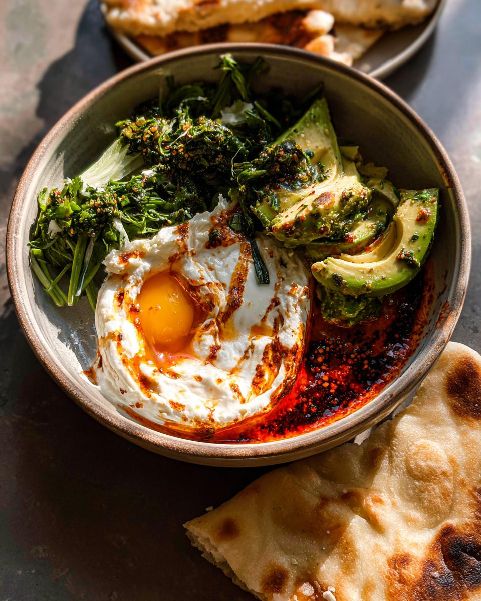 A healthy breakfast bowl featuring a perfectly cooked egg in creamy yogurt, sliced avocado, and greens, perfect for healthy meals recipes.