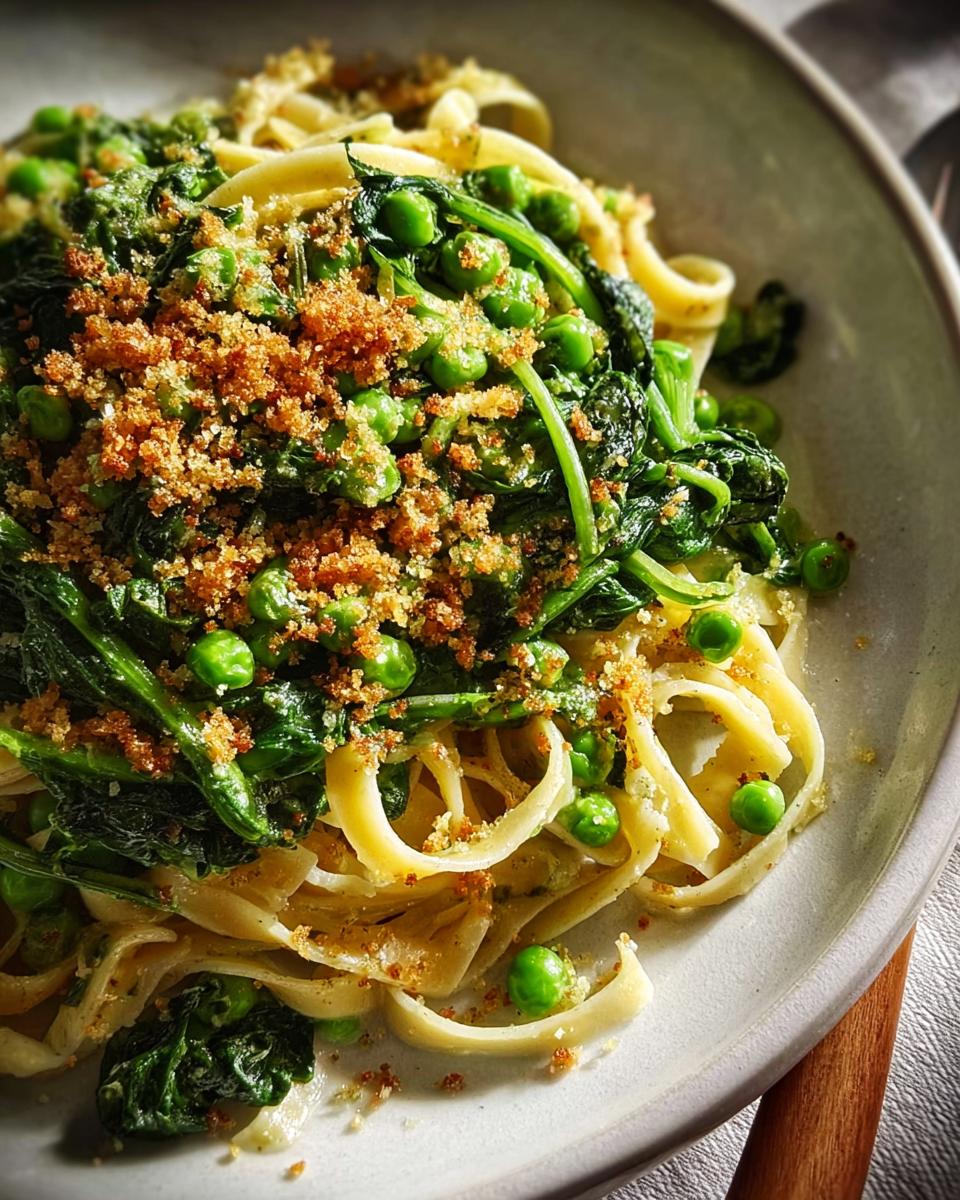 Close-up of fettuccine pasta topped with fresh peas, spinach, and toasted breadcrumbs, a healthy meal recipe.