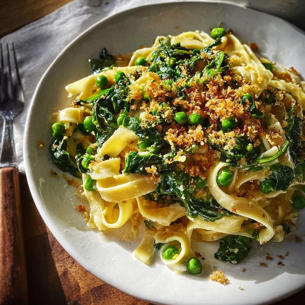 A close-up of a healthy pasta dish with fettuccine, peas, spinach, and toasted breadcrumbs, perfect for quick weeknight meals.