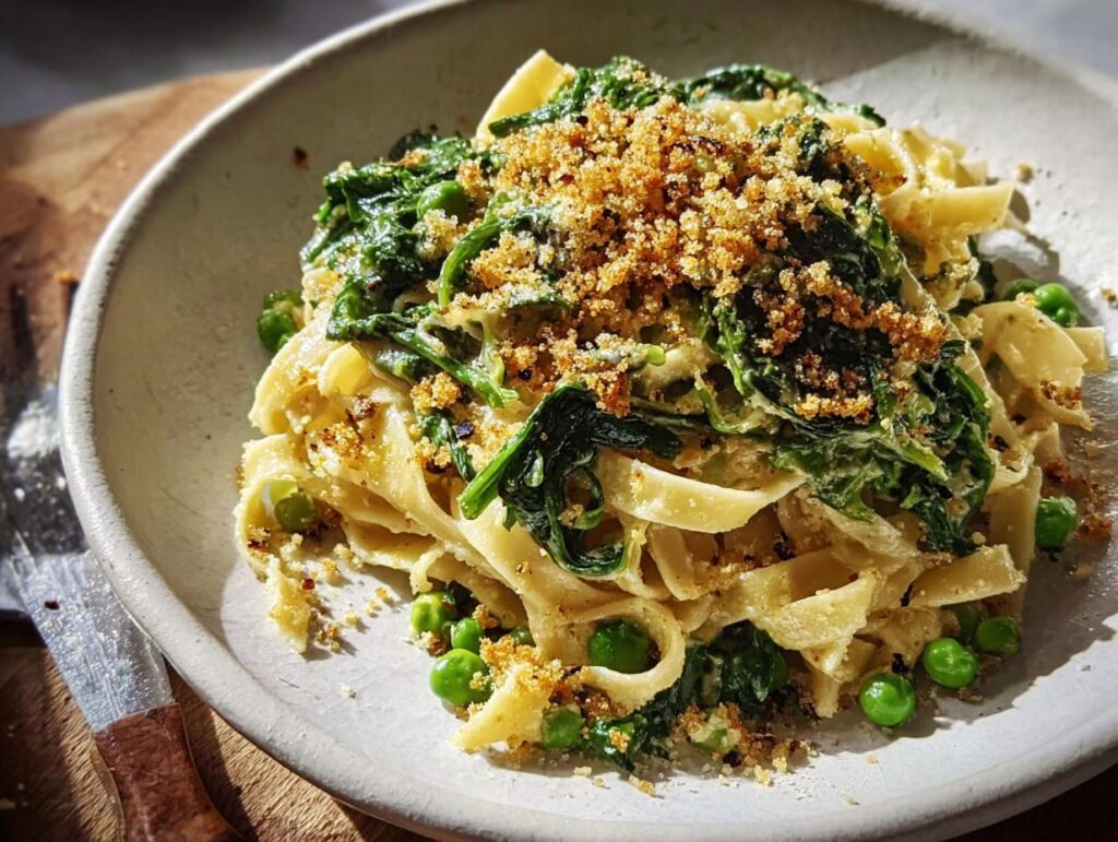 A bowl of fettuccine pasta with spinach, peas, and toasted breadcrumbs, a quick and healthy meal.