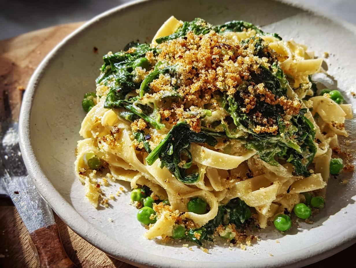 A bowl of fettuccine pasta with spinach, peas, and toasted breadcrumbs, a quick and healthy meal.