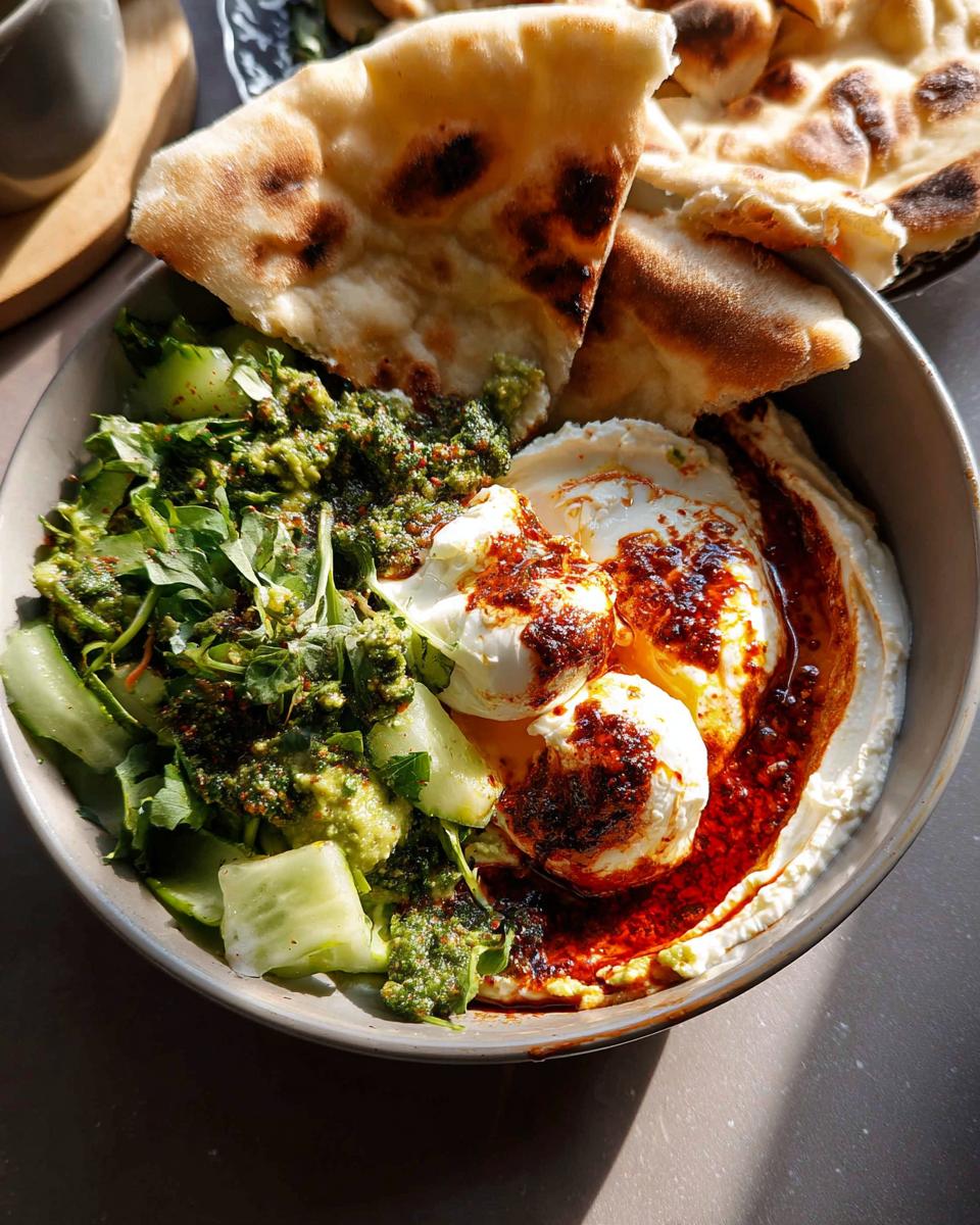 A healthy meal recipe featuring poached eggs, cucumber salad, pesto, and warm pita bread, perfect for making healthy meals.