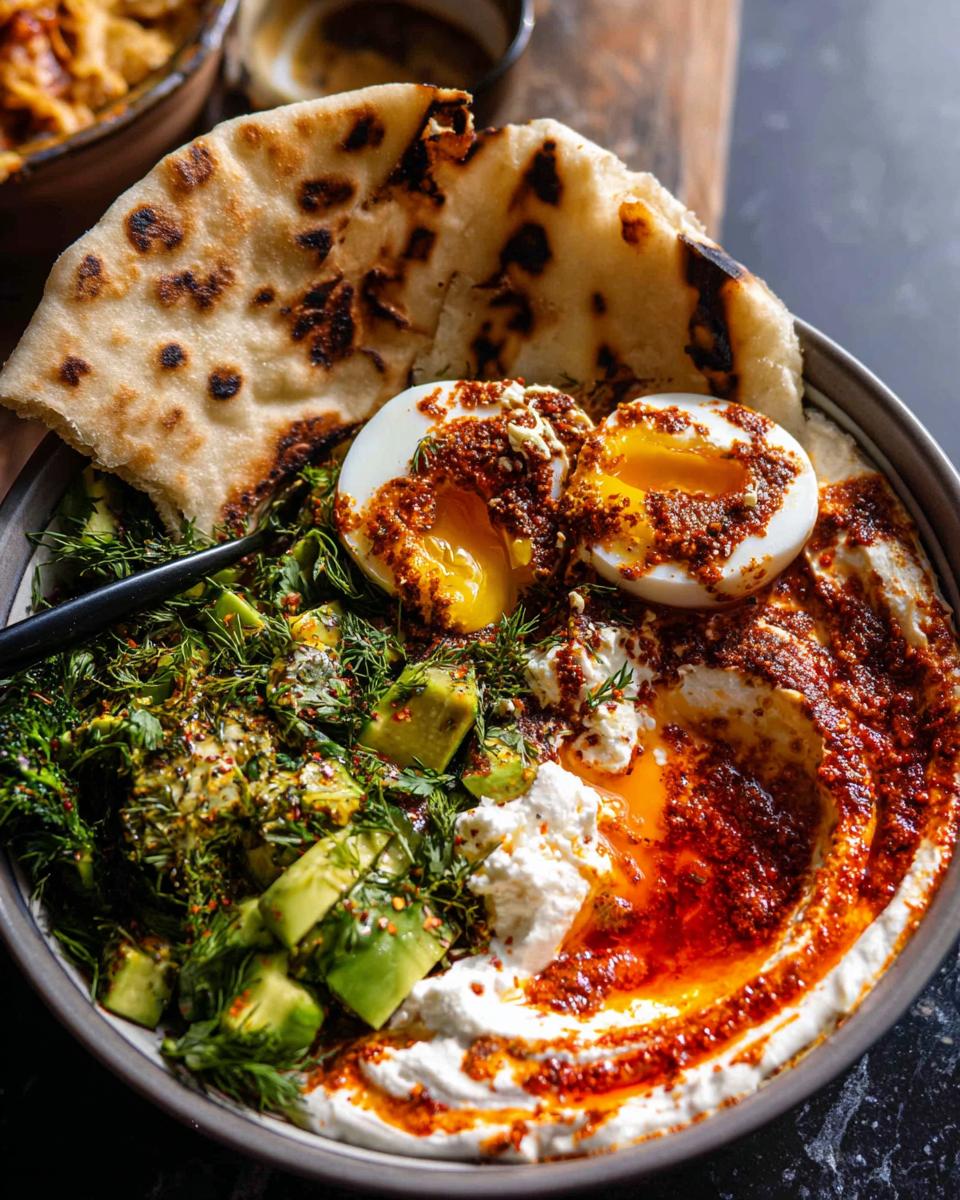A healthy breakfast bowl with soft-boiled eggs, avocado, dill, and flatbread, showcasing how to make healthy meals recipes.