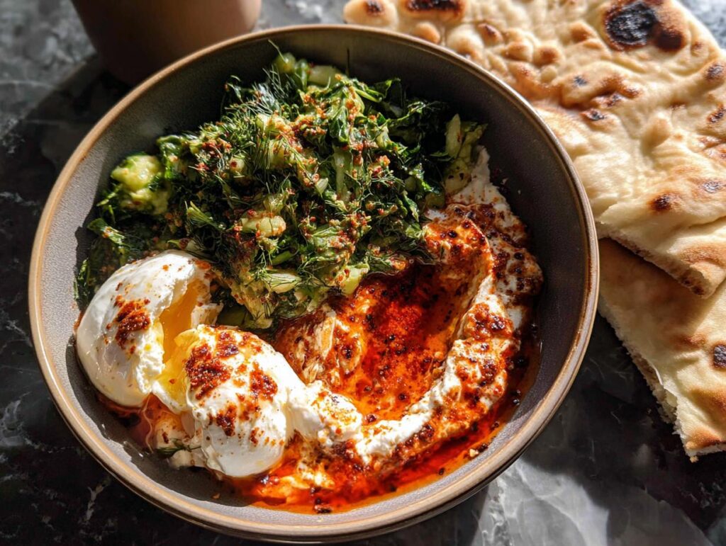 A healthy meal recipe featuring poached eggs with greens and chili oil, served with flatbread.