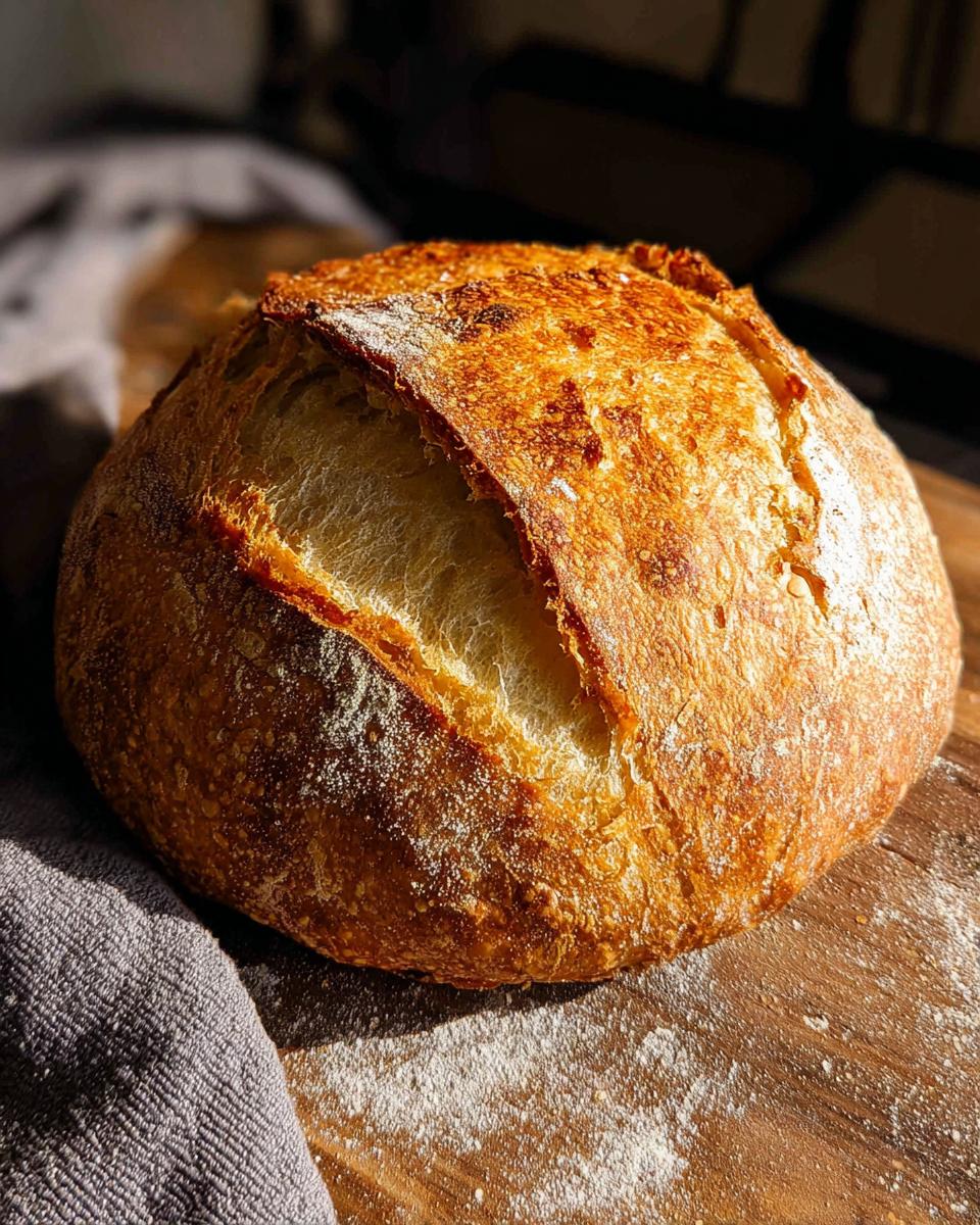 A close-up of a perfectly baked, golden-brown loaf of bread with a rustic crust, part of healthy meals recipes.