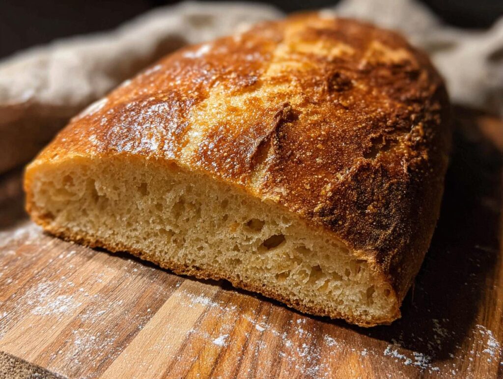 A close-up of a freshly baked loaf of bread, sliced to show its airy crumb and golden crust, perfect for healthy meals recipes.