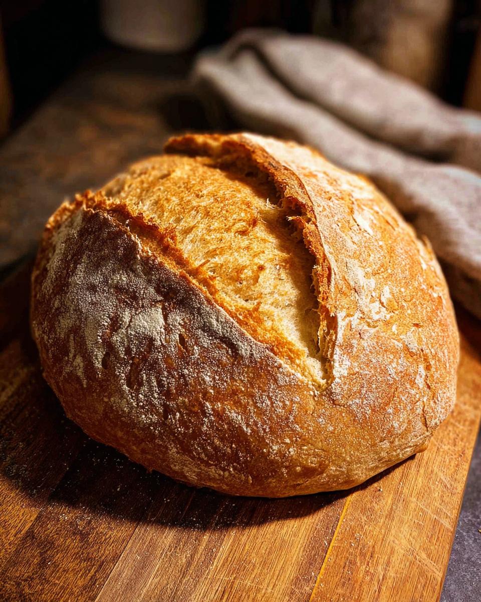 A golden-brown, crusty loaf of homemade bread, dusted with flour, sits on a wooden board. Part of the Healthy Meals Recipes collection.