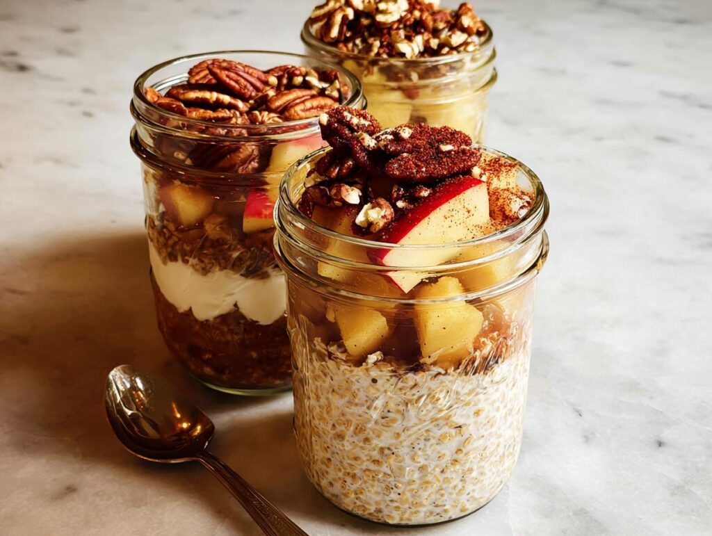 Three jars filled with overnight oats, apples, yogurt, and pecans, showcasing healthy meals recipes.