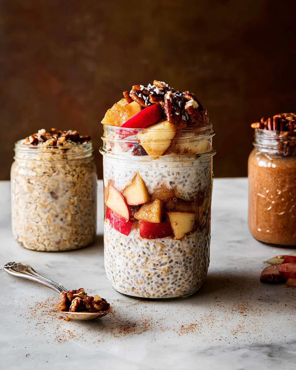 Overnight oats with apple chunks and cinnamon in a jar, part of healthy meals recipes.