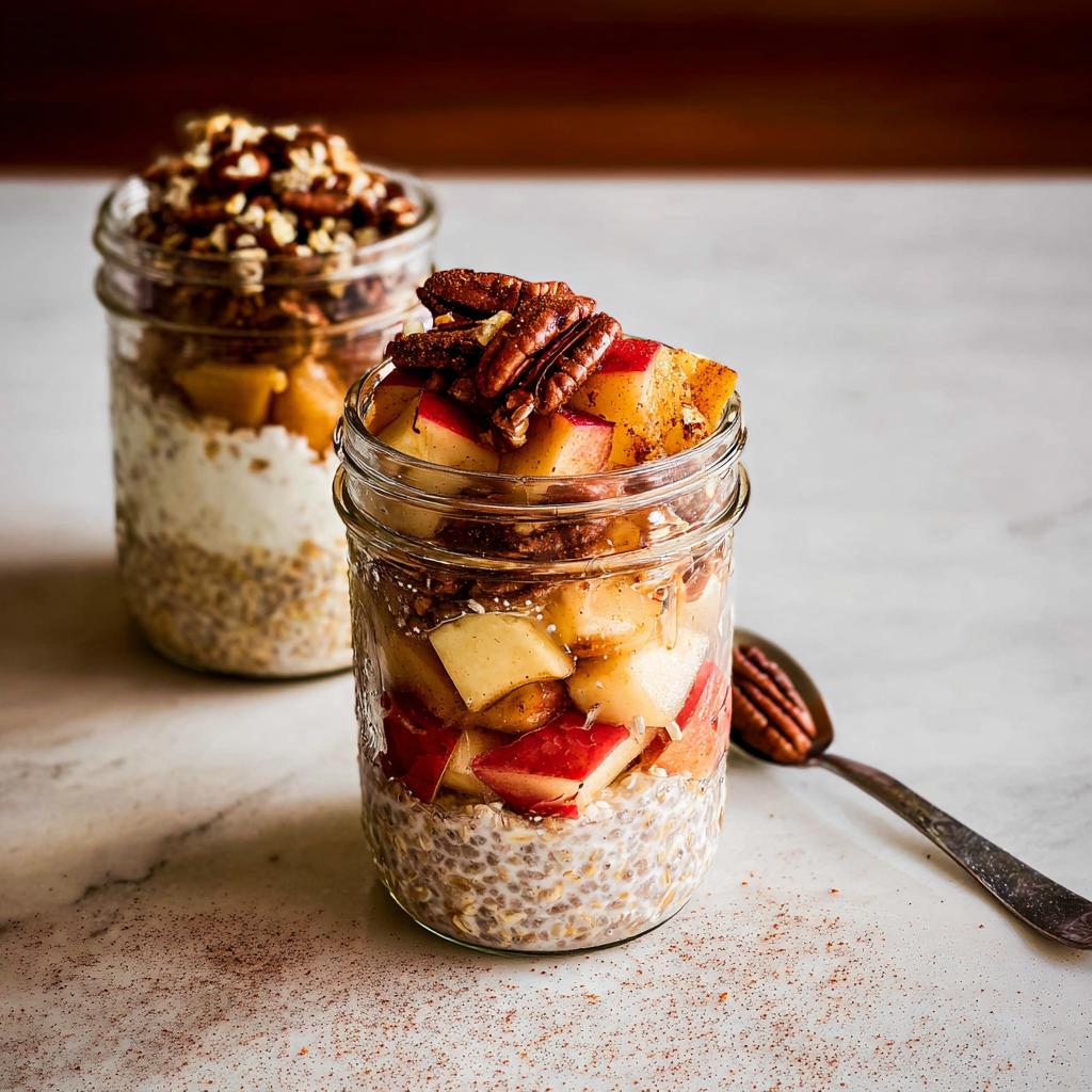 Overnight oats with apples, pecans, and cinnamon in a mason jar, a perfect example of healthy meals recipes.