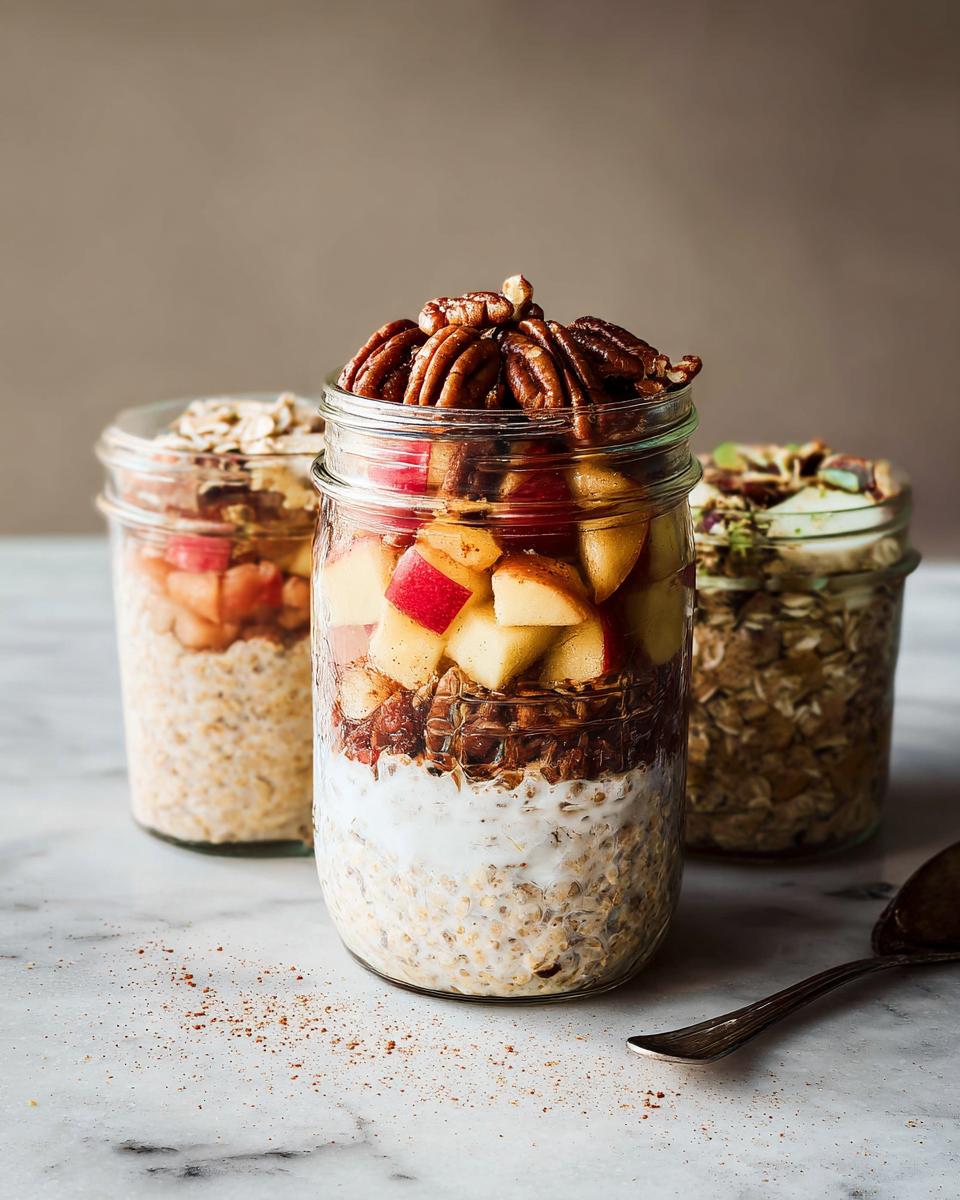 Three jars filled with healthy meals recipes: overnight oats with apples, pecans, and yogurt.