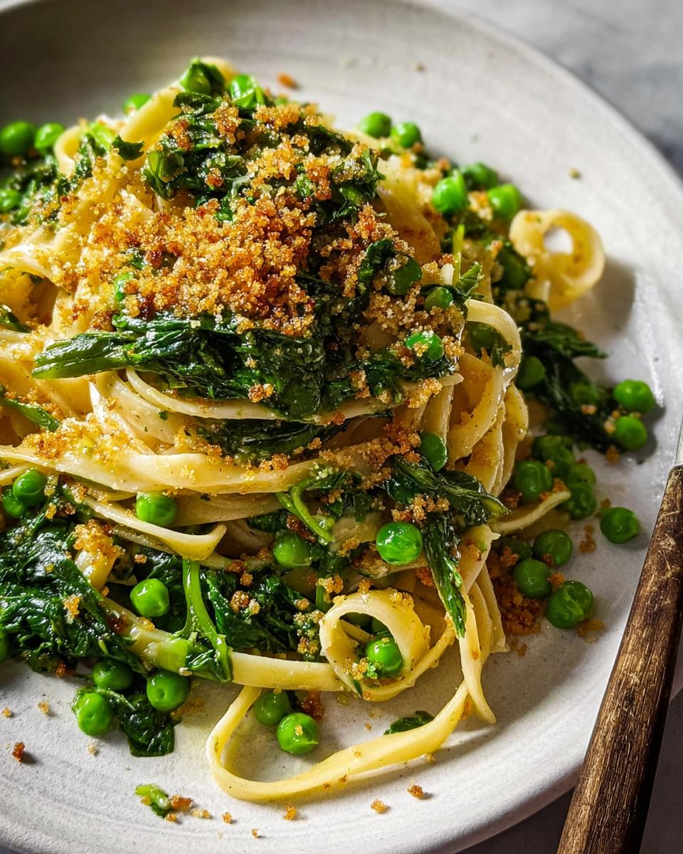 A close-up of a healthy pasta dish with fettuccine, peas, wilted greens, and toasted breadcrumbs, perfect for quick healthy meals recipes.