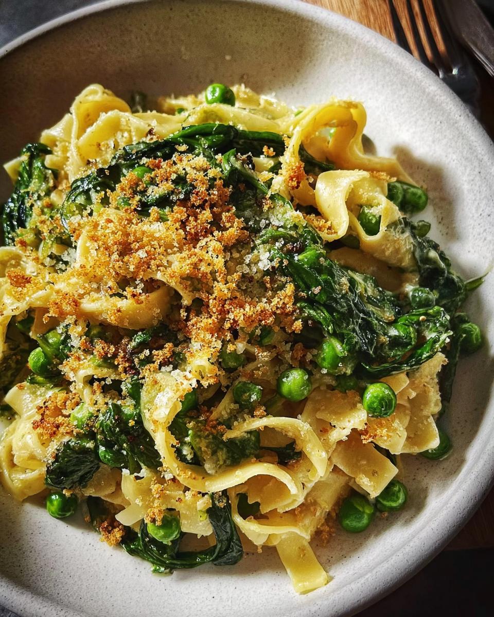Close-up of healthy pasta with peas and spinach, topped with breadcrumbs, a quick weeknight meal.