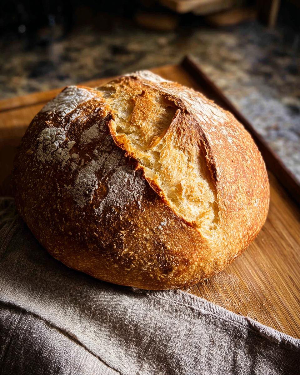 A golden-brown, crusty sourdough loaf, a key component of healthy meals recipes, sits on a wooden board with a linen napkin.