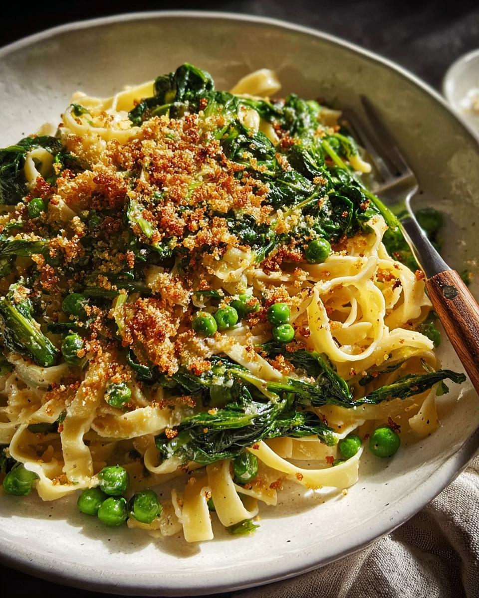 A close-up of healthy pasta with peas and wilted greens, topped with toasted breadcrumbs. A quick and easy weeknight meal.