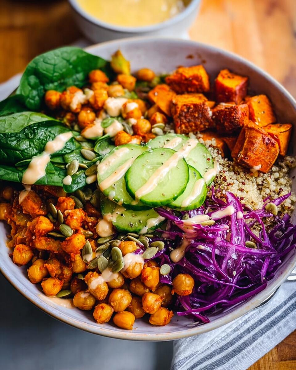 A vibrant and healthy rice bowl recipe featuring quinoa, roasted sweet potatoes, chickpeas, spinach, red cabbage, and cucumber, drizzled with sauce.