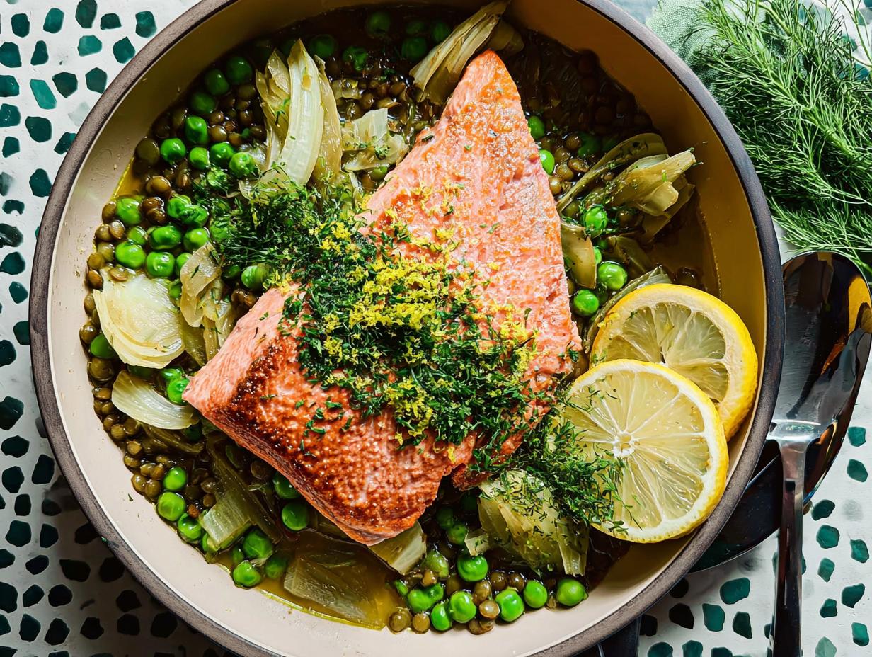 A vibrant bowl featuring a fillet of salmon atop a bed of lentils, peas, and fennel, garnished with lemon and dill. A healthy meal.