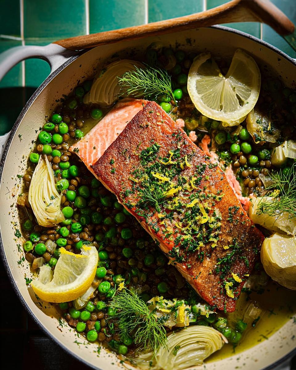 A healthy salmon fillet served over lentils, peas, artichoke hearts, and lemon slices, a perfect dish from The Ultimate Healthy Meals Recipes Guide for Beginners.