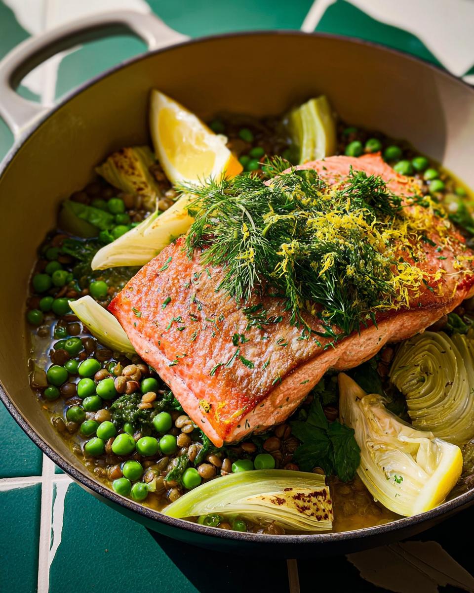 A healthy salmon fillet served over lentils with peas, fennel, and lemon, part of The Ultimate Healthy Meals Recipes Guide for Beginners.