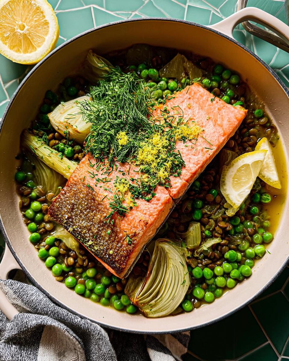 A healthy salmon fillet served over lentils, peas, and fennel, garnished with dill and lemon zest.