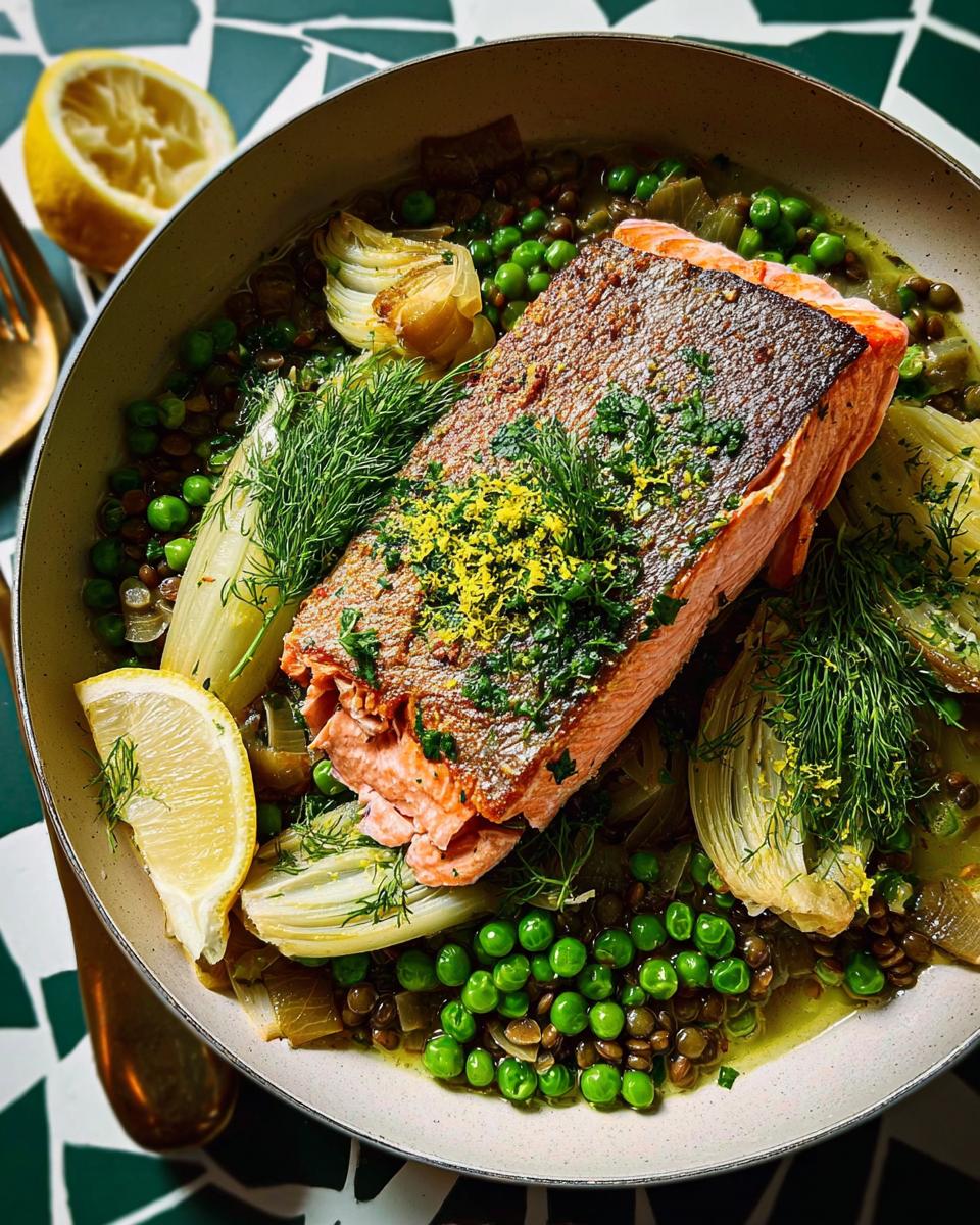 A healthy salmon fillet served over lentils, peas, and fennel, garnished with lemon zest and dill. Part of The Ultimate Healthy Meals Recipes Guide for Beginners.