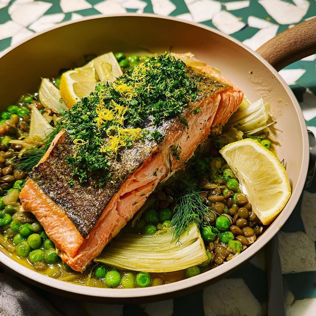 A beautiful fillet of baked salmon served over a bed of lentils, peas, and fennel, garnished with lemon and fresh herbs.