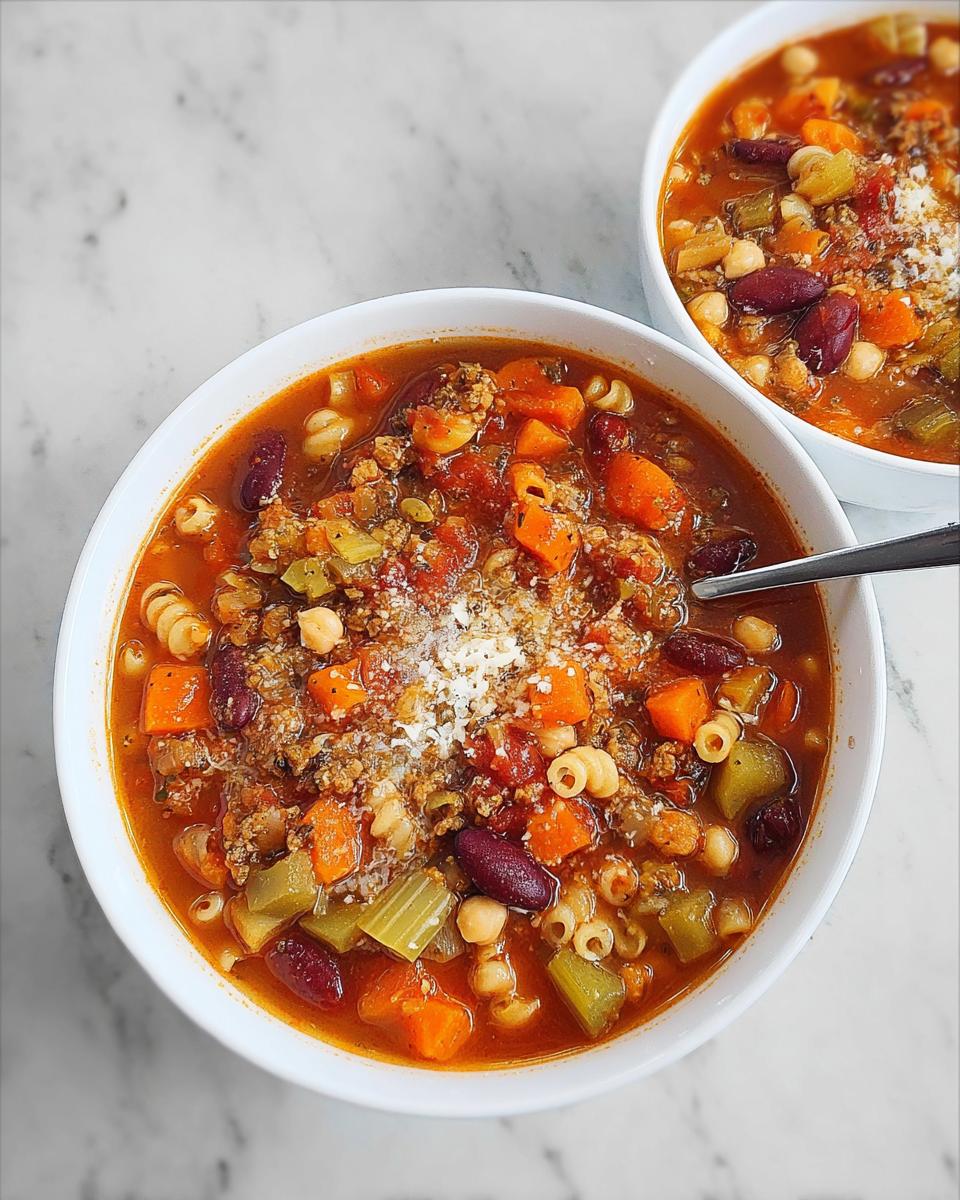 Two bowls of hearty soup recipes filled with vegetables, beans, pasta, and ground meat, topped with grated cheese.