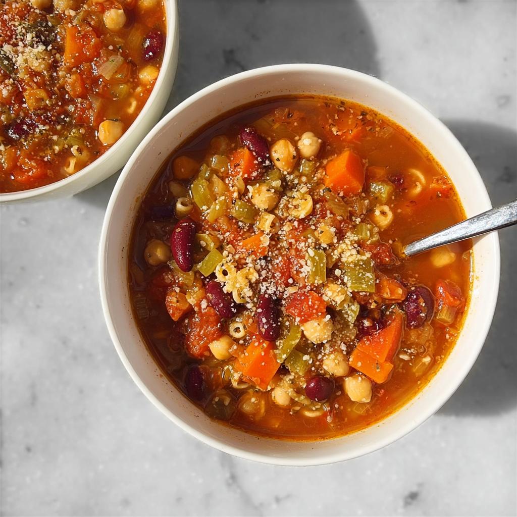 Close-up of a bowl of hearty vegetable soup recipe, filled with beans, chickpeas, carrots, and pasta, topped with grated cheese.
