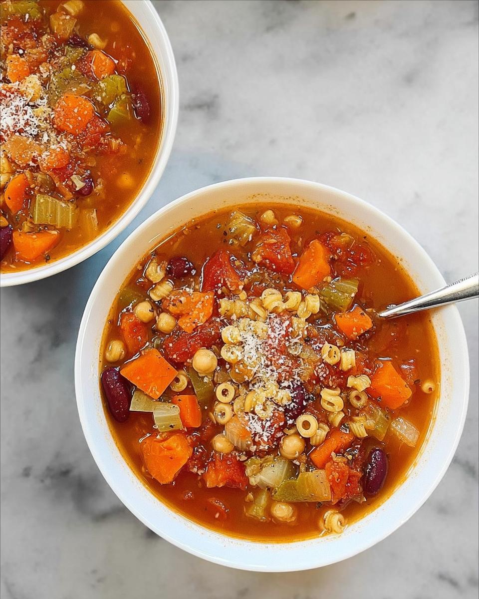 Two bowls of hearty vegetable soup recipes, filled with pasta, beans, carrots, and celery, topped with grated cheese.