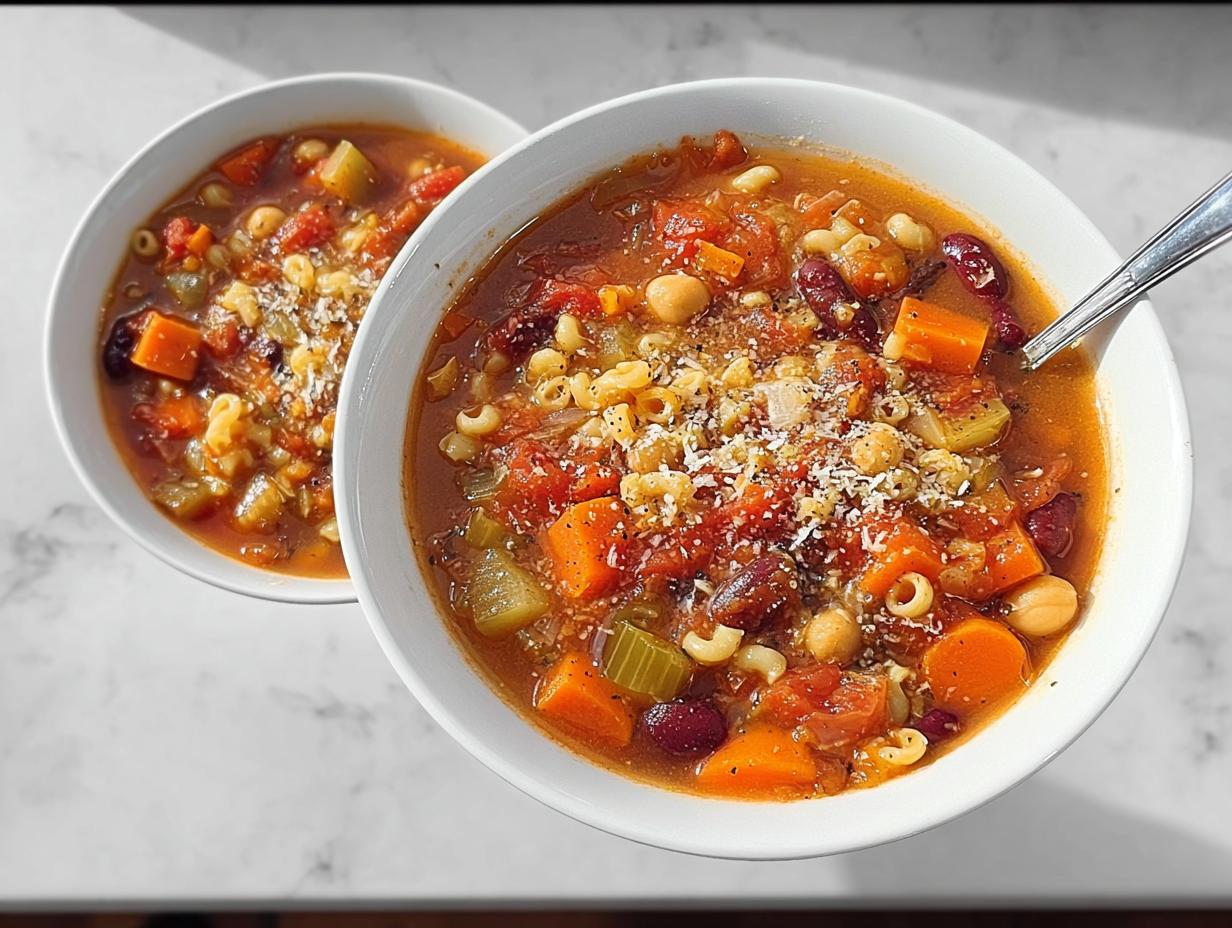 Two bowls of hearty vegetable soup recipe, filled with pasta, beans, carrots, and tomatoes, topped with grated cheese.