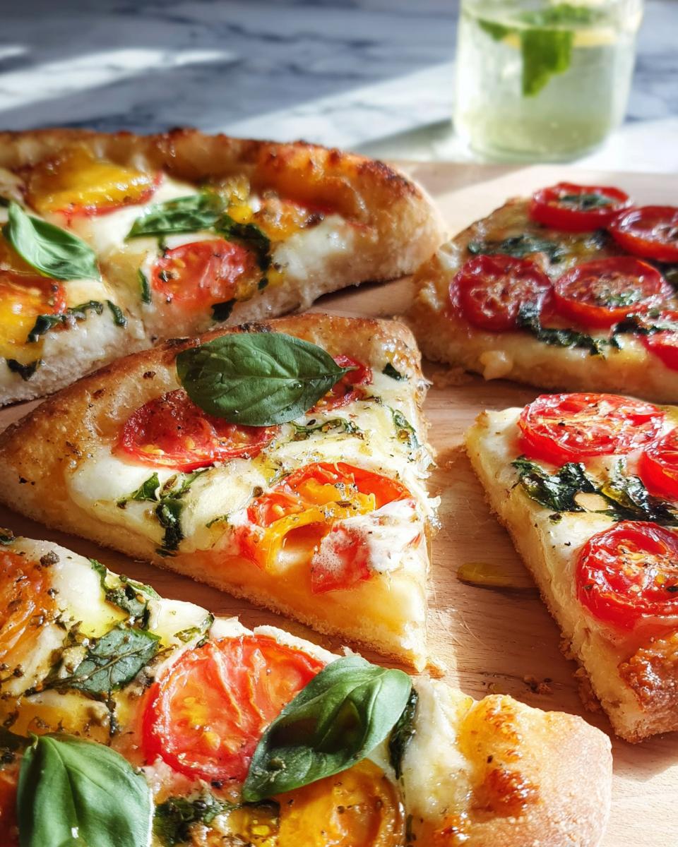 Close-up of several slices of homemade pizza with fresh tomatoes, basil, and melted mozzarella cheese.