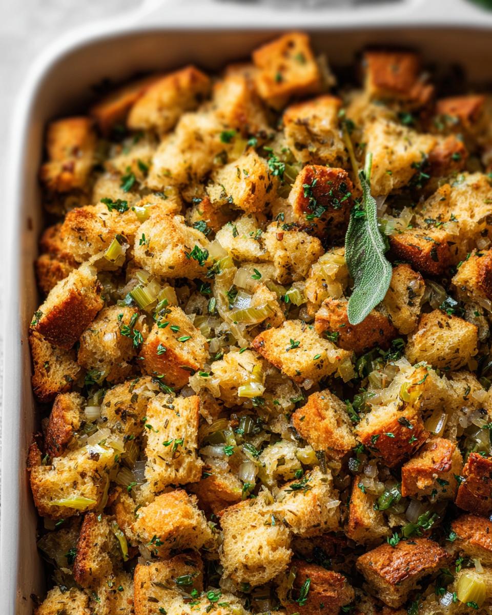 Close-up of a baking dish filled with homemade stuffing, featuring toasted bread cubes, celery, onions, and herbs.