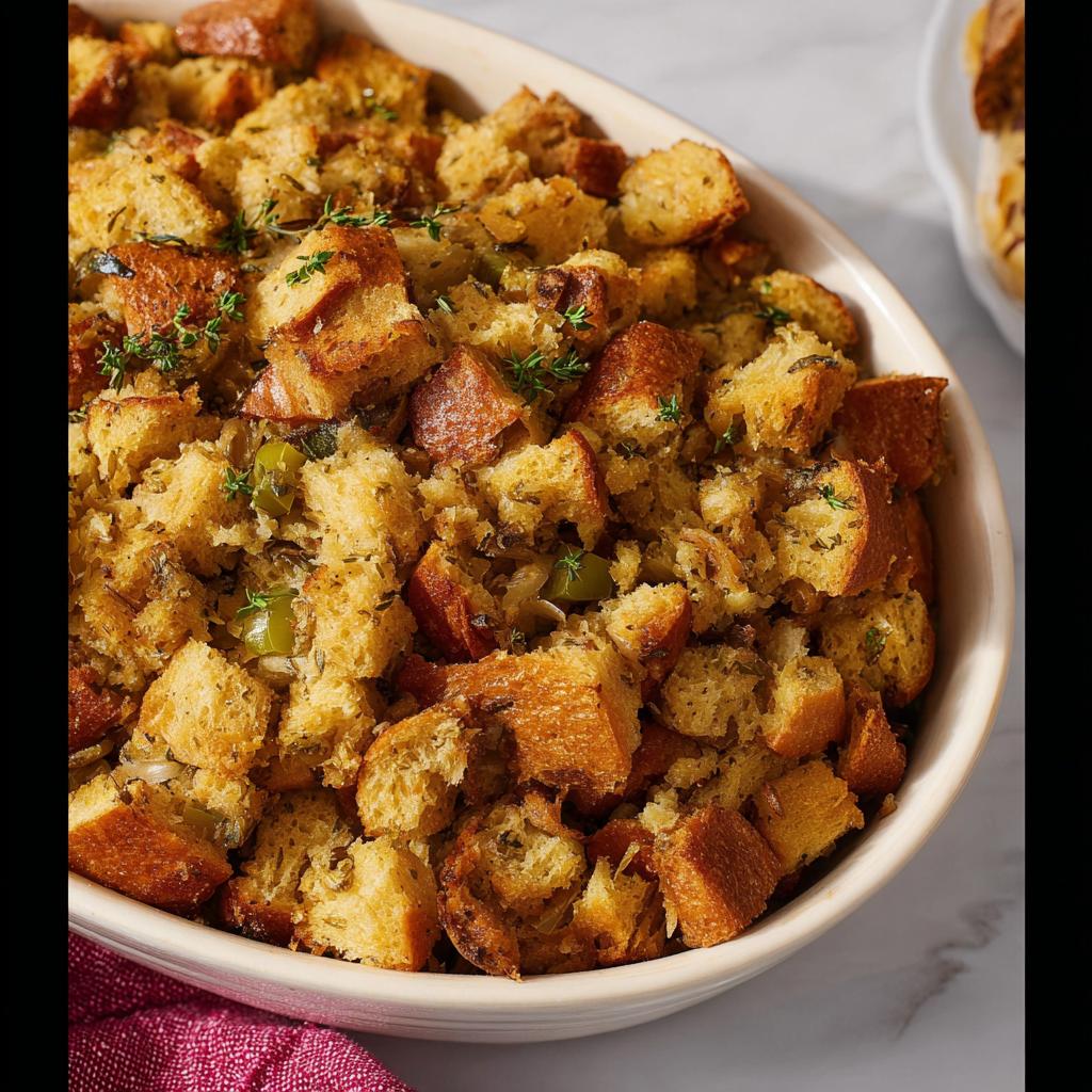 A close-up of a golden-brown homemade stuffing recipe in a baking dish, garnished with fresh herbs.