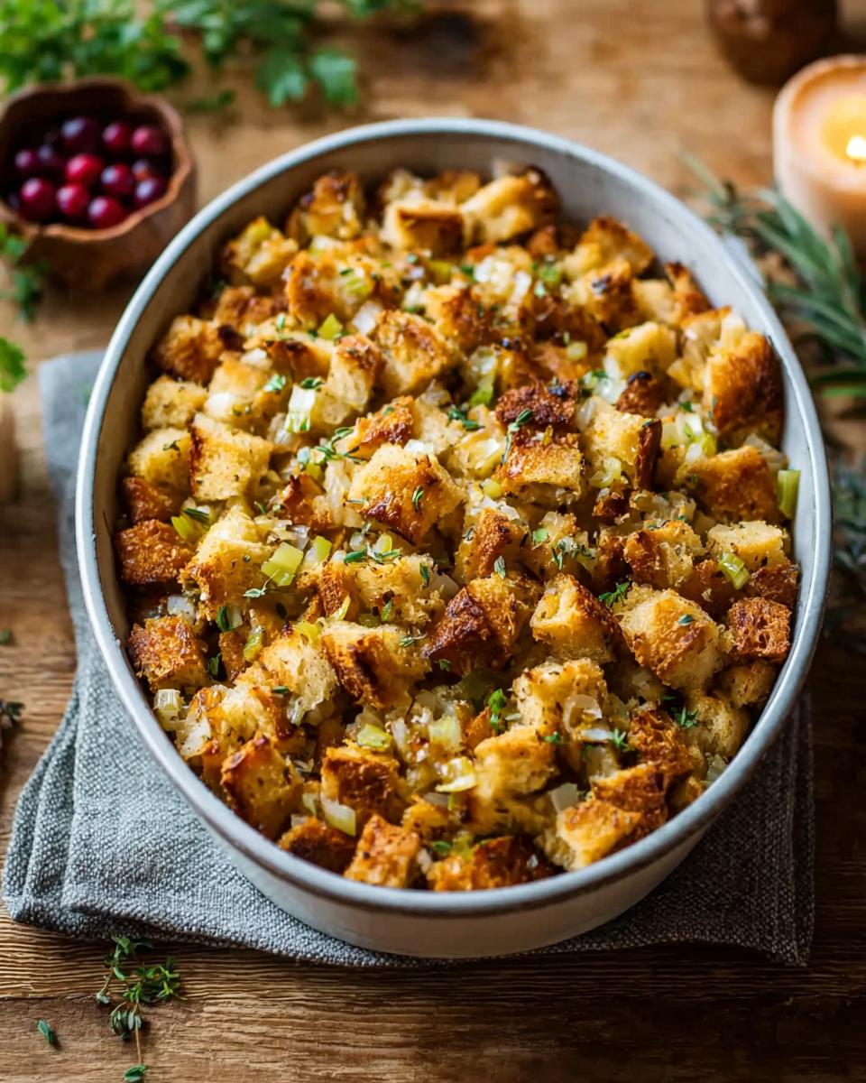 A close-up of a rustic baking dish filled with golden-brown homemade stuffing, featuring cubes of bread, celery, and herbs.