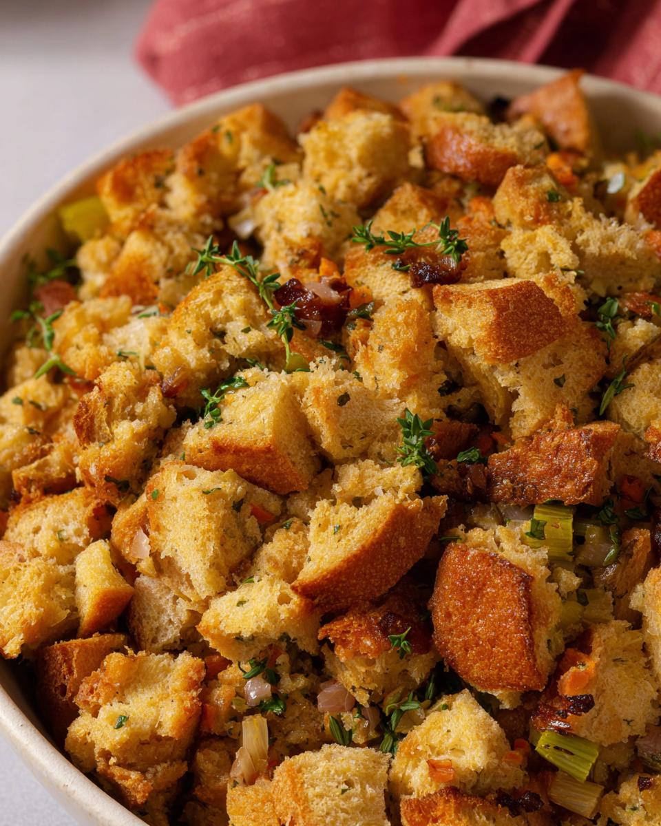A close-up of a bowl filled with golden-brown bread cubes, herbs, and vegetables, showcasing a homemade stuffing recipe.