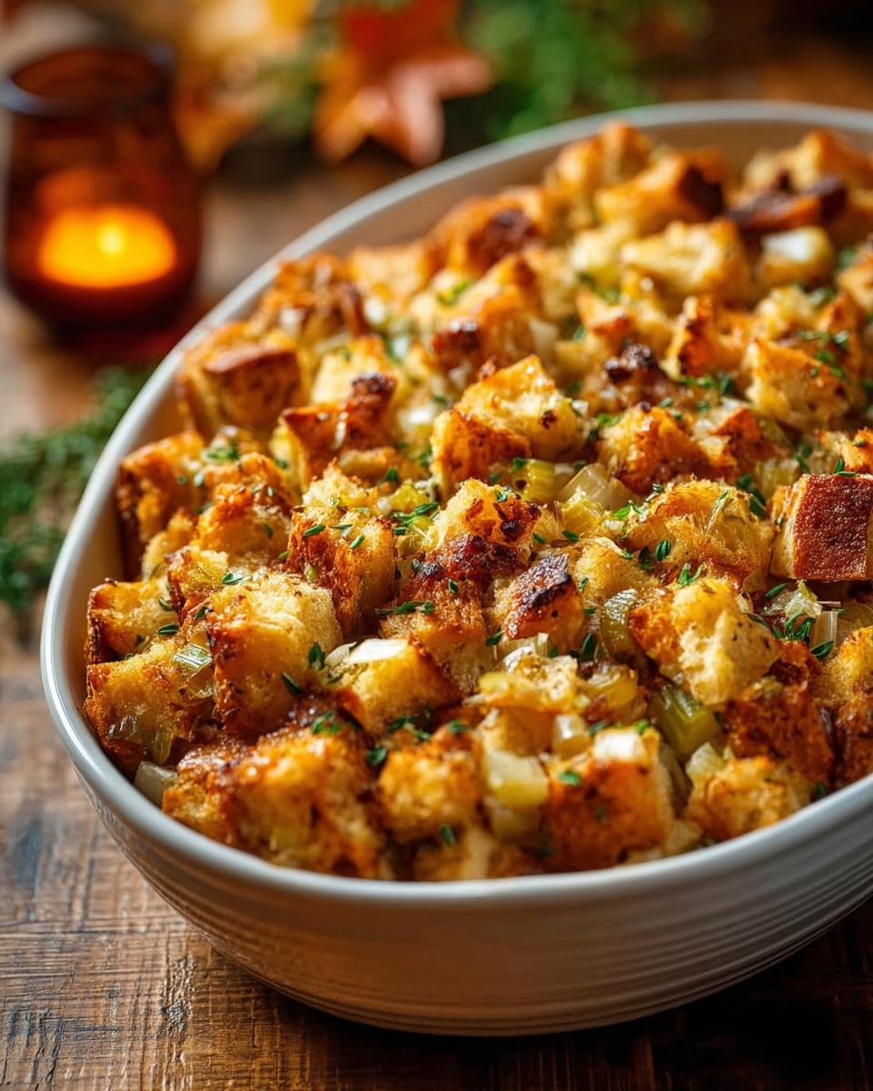 A golden brown, homemade stuffing recipe baked in a white casserole dish, garnished with fresh herbs.