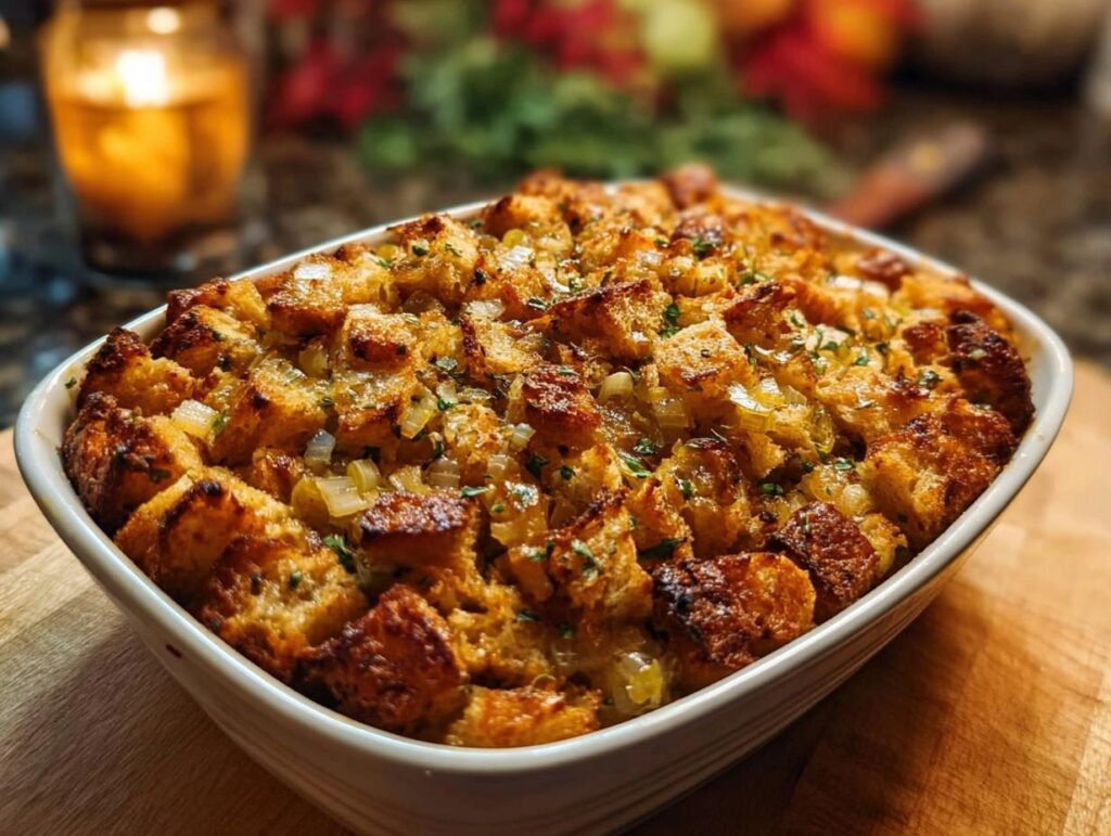 A close-up of a white baking dish filled with golden brown homemade stuffing, featuring visible pieces of bread, onions, and herbs.
