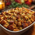 A close-up of a white baking dish filled with golden brown homemade stuffing, featuring visible pieces of bread, onions, and herbs.